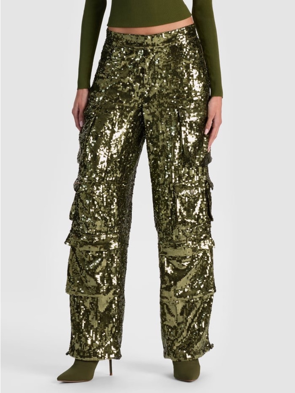 Alice And Olivia New Olympia Sequin Cargo Pant In Dark Olive Size 10 $695.00
